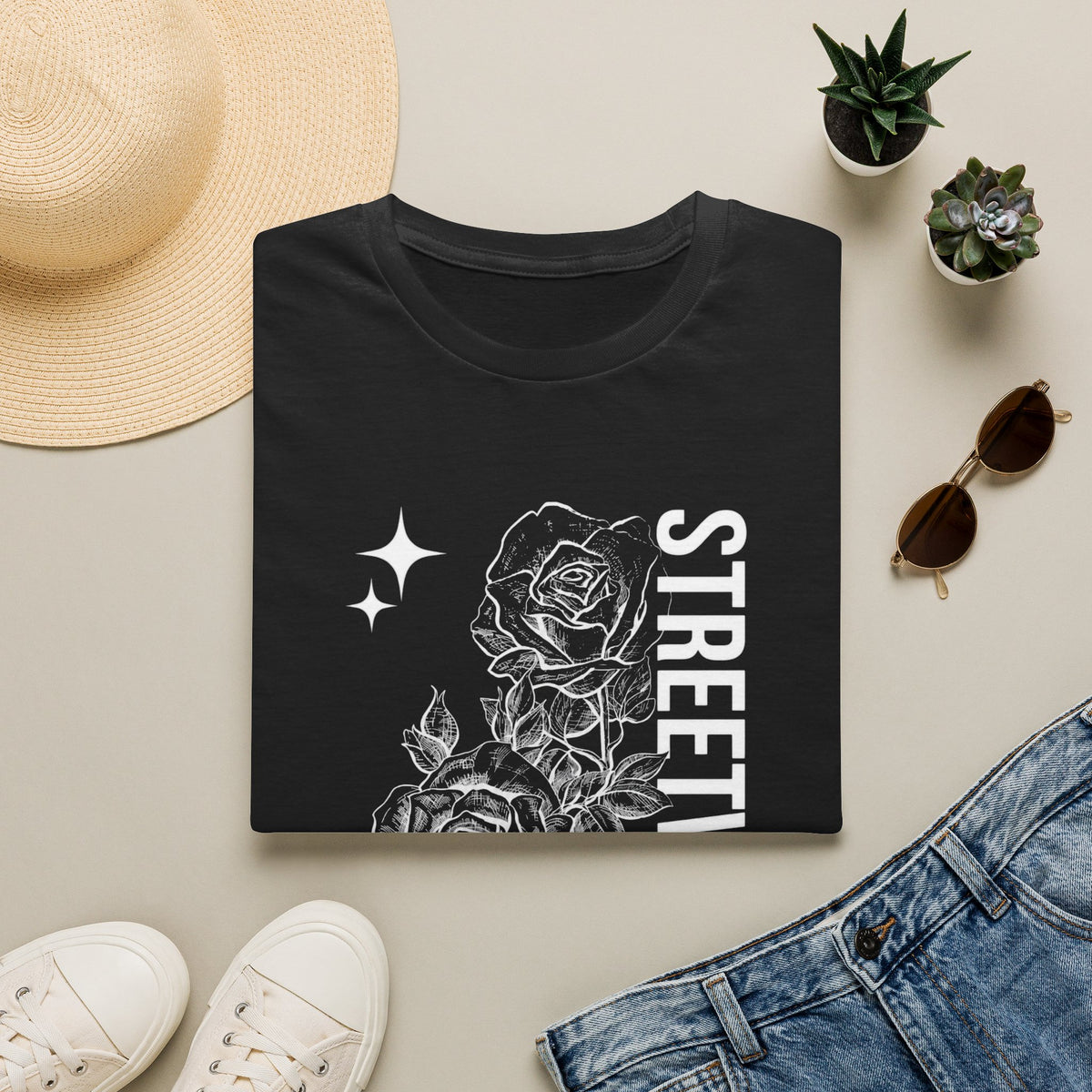 Streetwear Rose Graphic T-Shirt — Vertical 'STREETWEAR' Text with White Floral Art