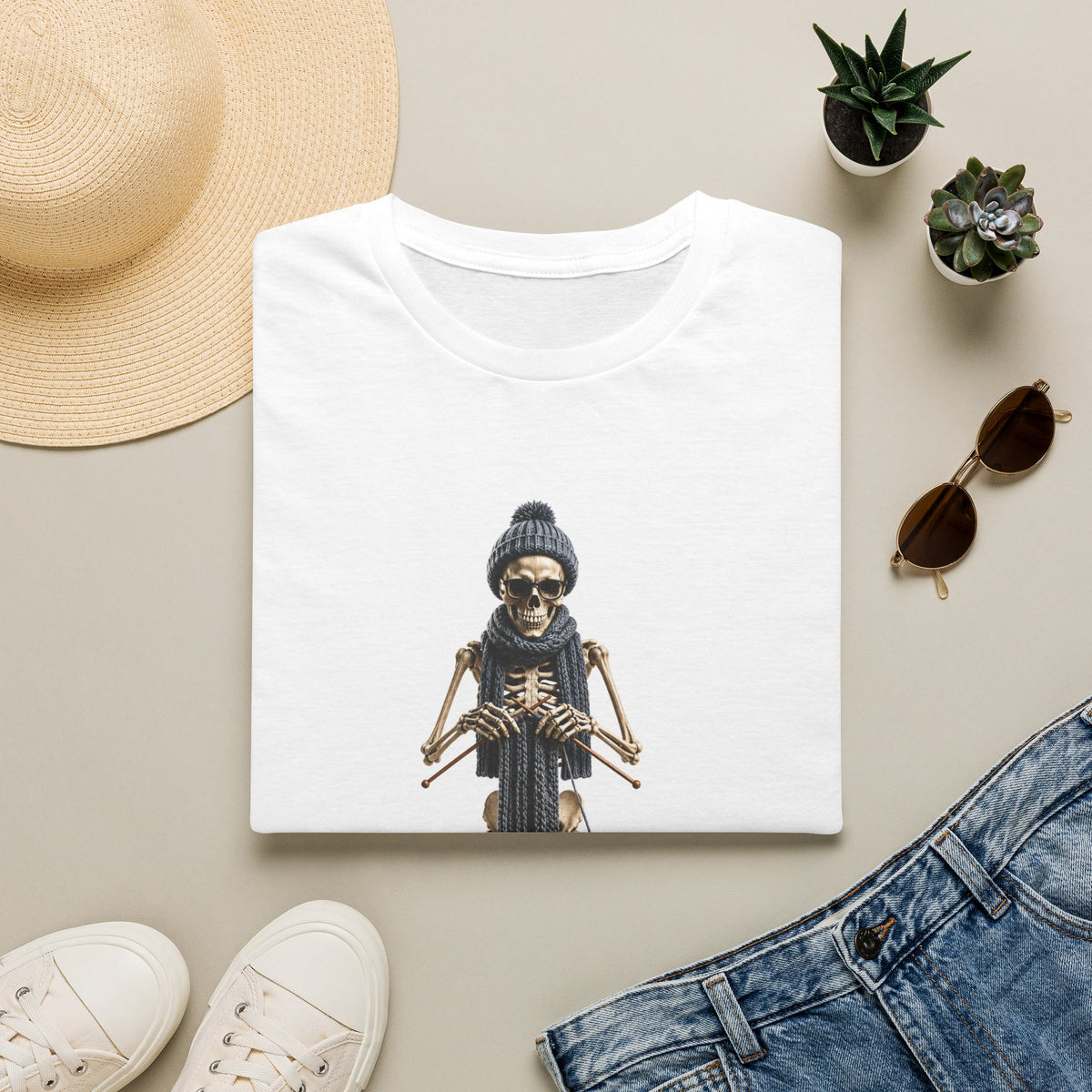 Skeleton in Beanie T‑Shirt — Funny Skeletal Winter Design