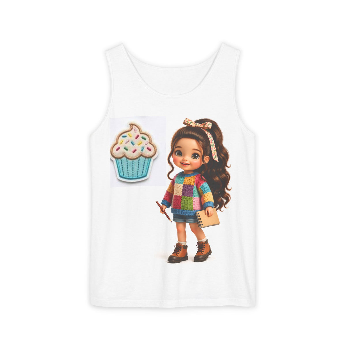 Cute Cartoon Girl & Cupcake Tank Top — Whimsical Kidcore Mushroom Graphic Tank