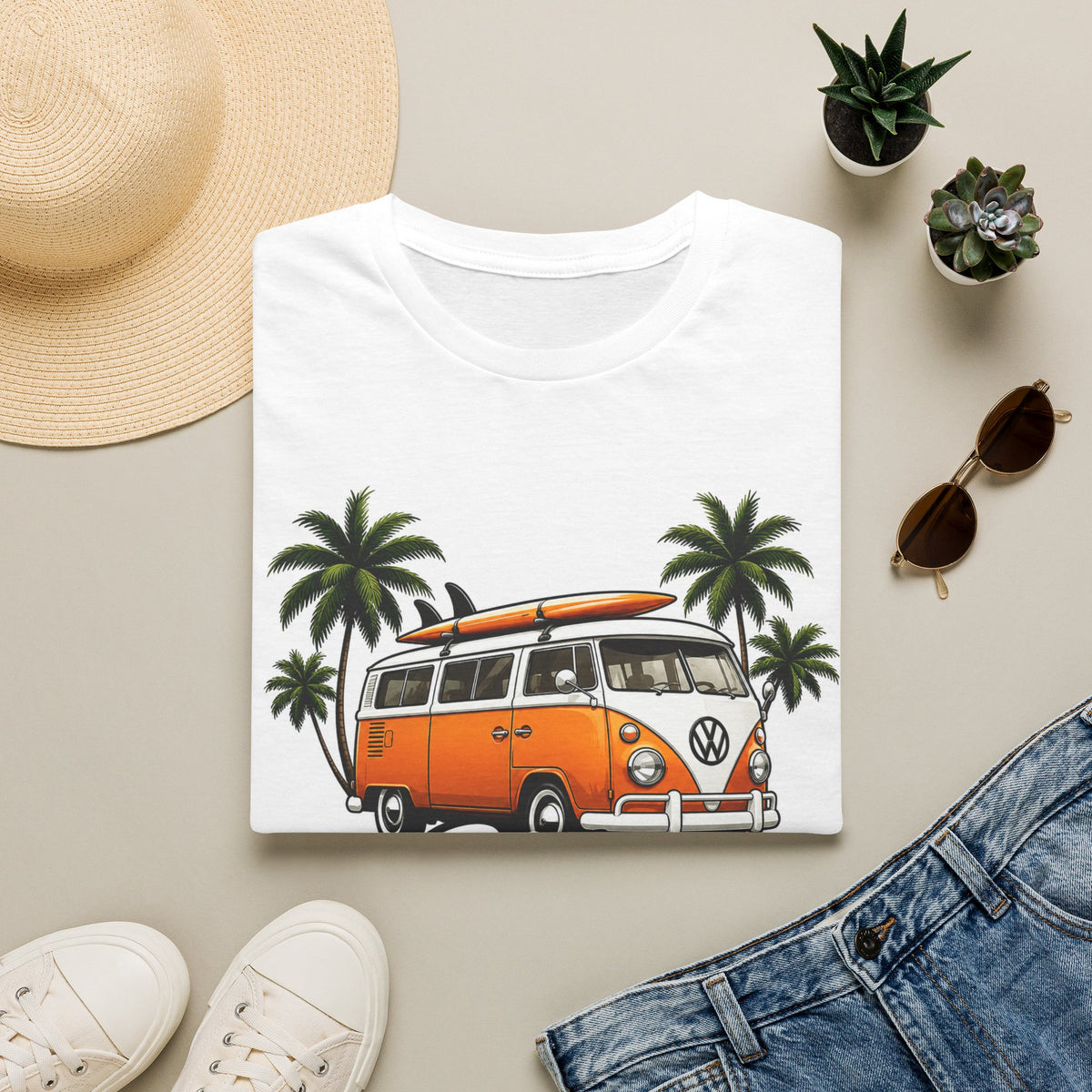 Vintage Surf Van T-Shirt — "Vibes" Palm Tree Beach Tee
