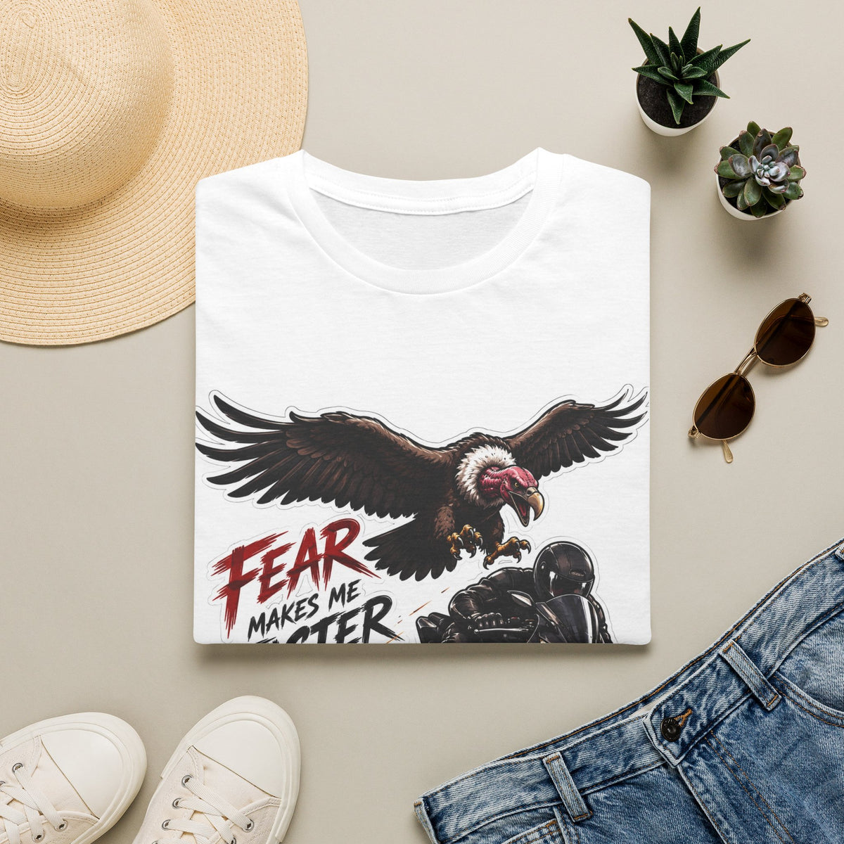 Motorcycle Tee — "Fear Makes Me Faster" Vulture Rider Graphic Shirt