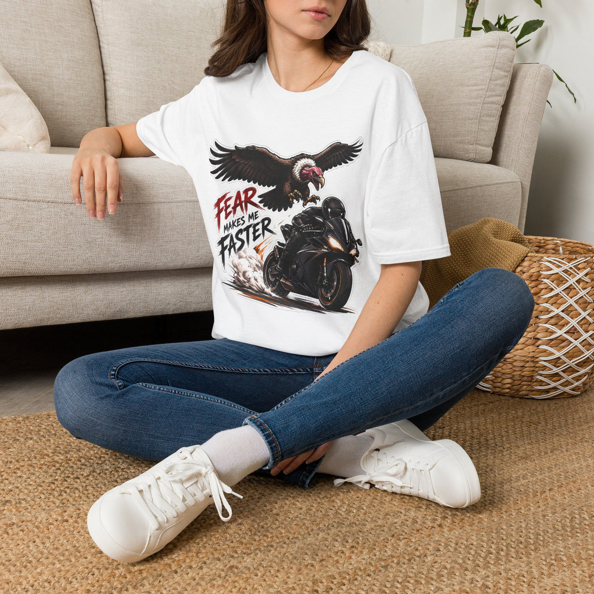 Motorcycle Tee — "Fear Makes Me Faster" Vulture Rider Graphic Shirt