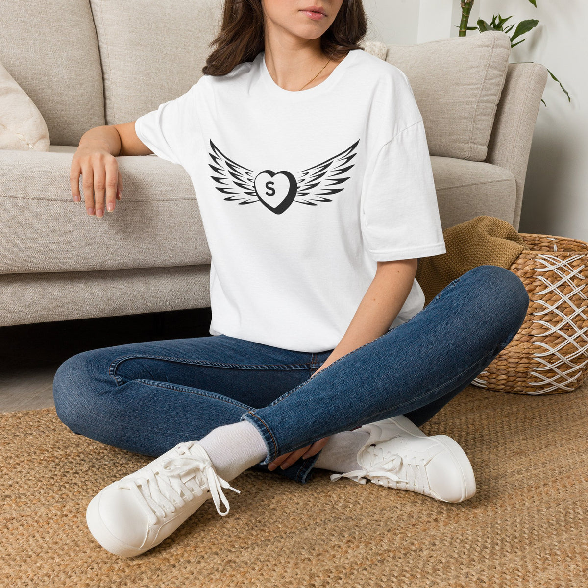 Winged Heart Monogram T-Shirt — Initial "S" Graphic Tee