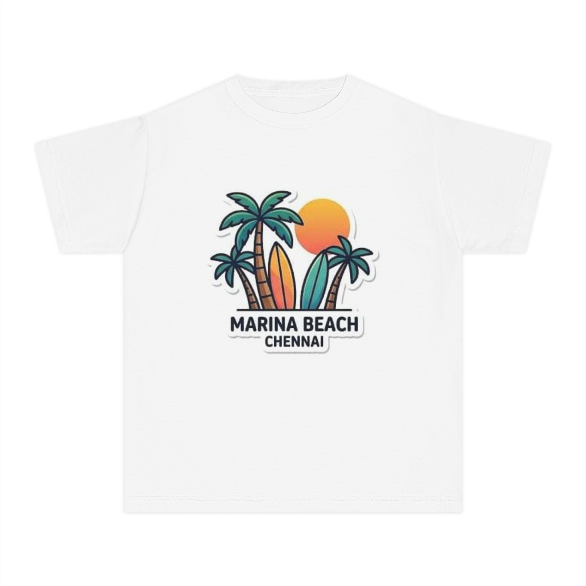 Marina Beach Vibes Youth T-Shirt | Chennai Sunset Palm Tree Surf Graphic Tee | Coastal Beach Vacation Shirt