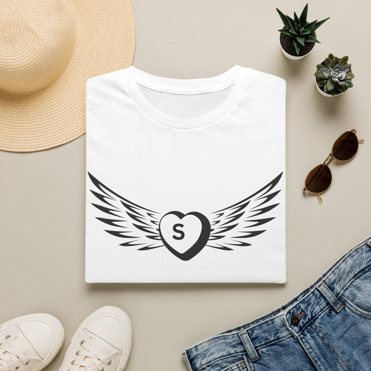 Winged Heart Monogram T-Shirt — Initial "S" Graphic Tee